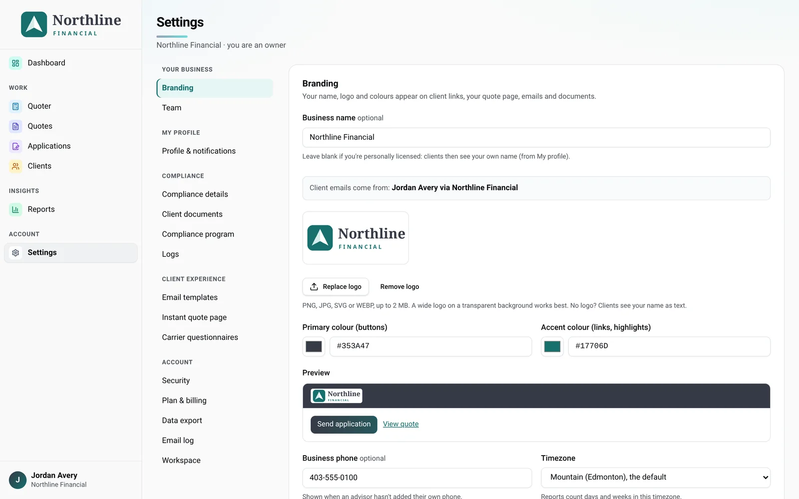 Settings → Branding with a logo uploaded and the preview showing