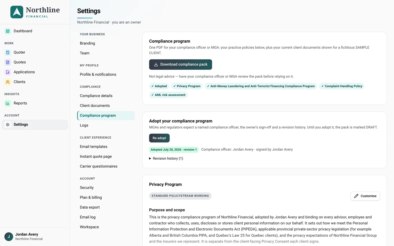 Settings → Compliance program, Adopt your compliance program dialog