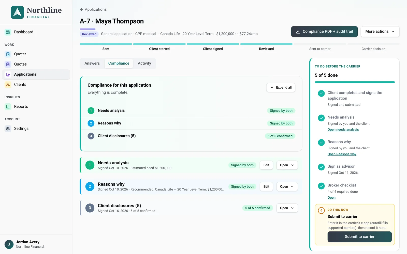application page after submit, progress bar and numbered To do card