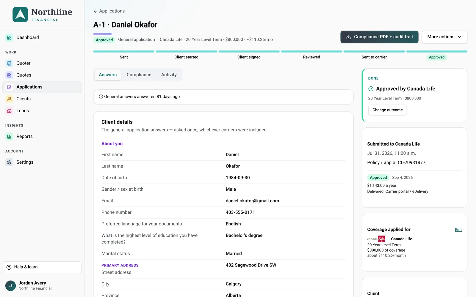 application page, all steps complete, Compliance PDF + audit trail button