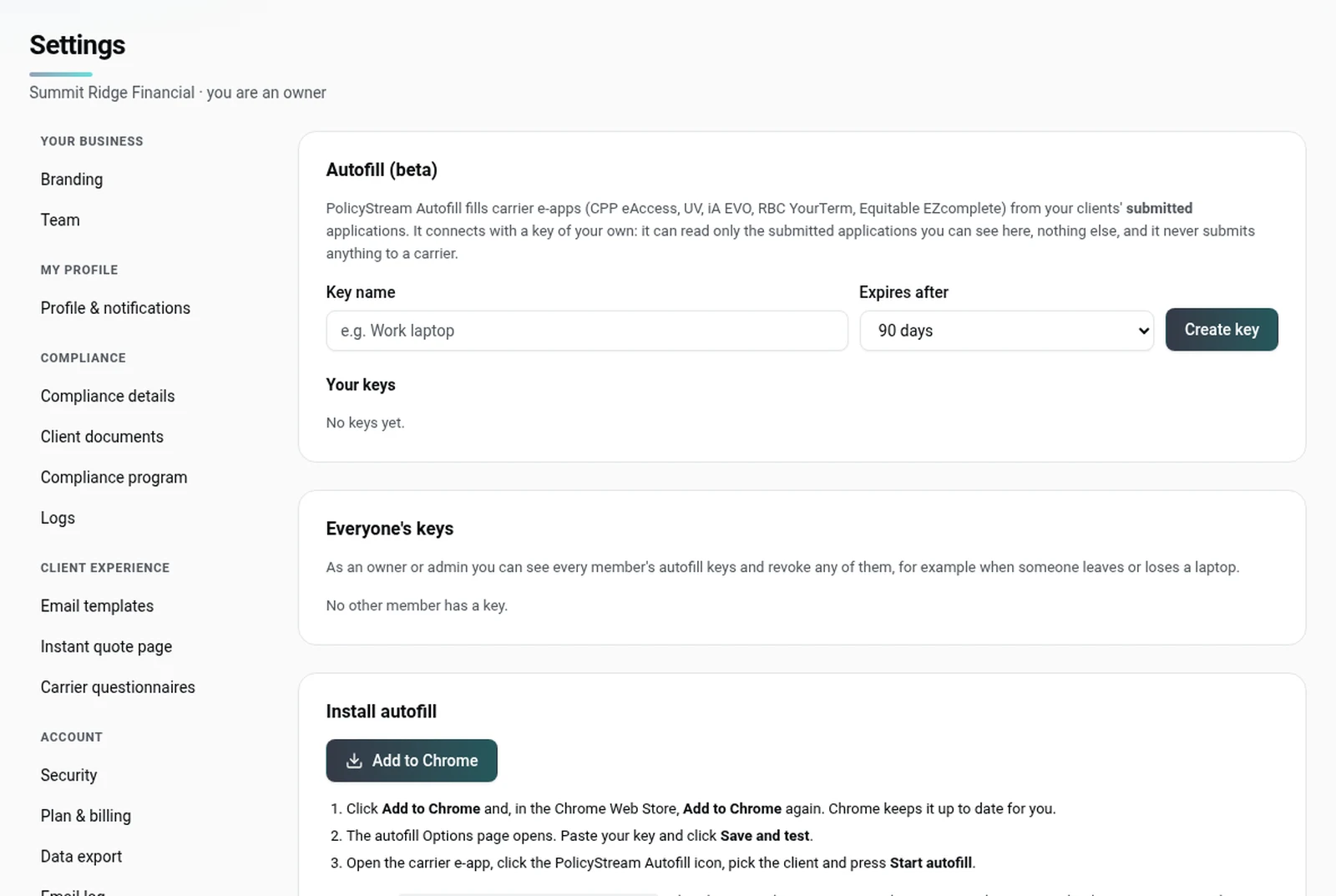 Settings → Autofill, create a key and install Autofill