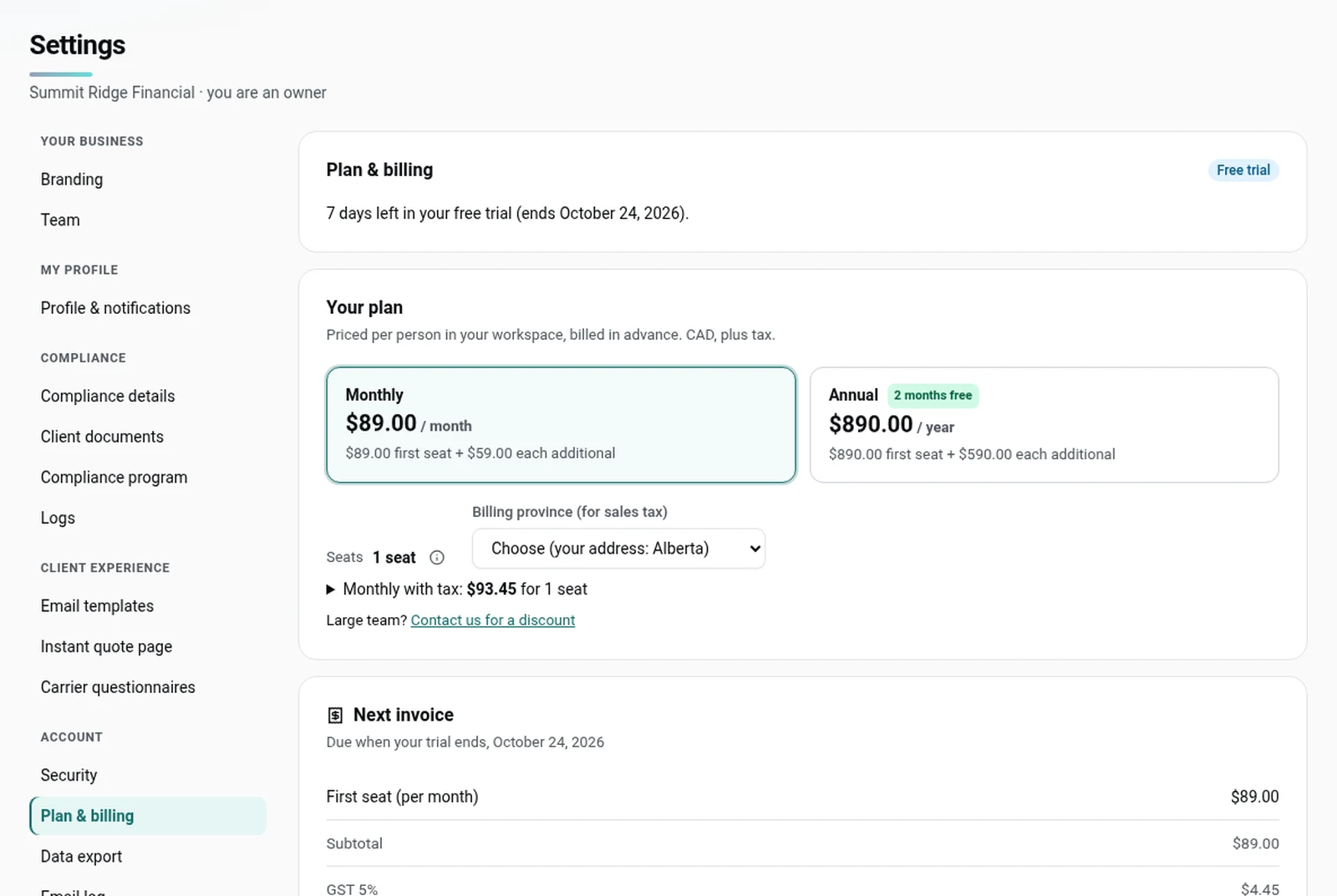 Settings → Plan & billing during the trial, billing cycle picker and tax preview