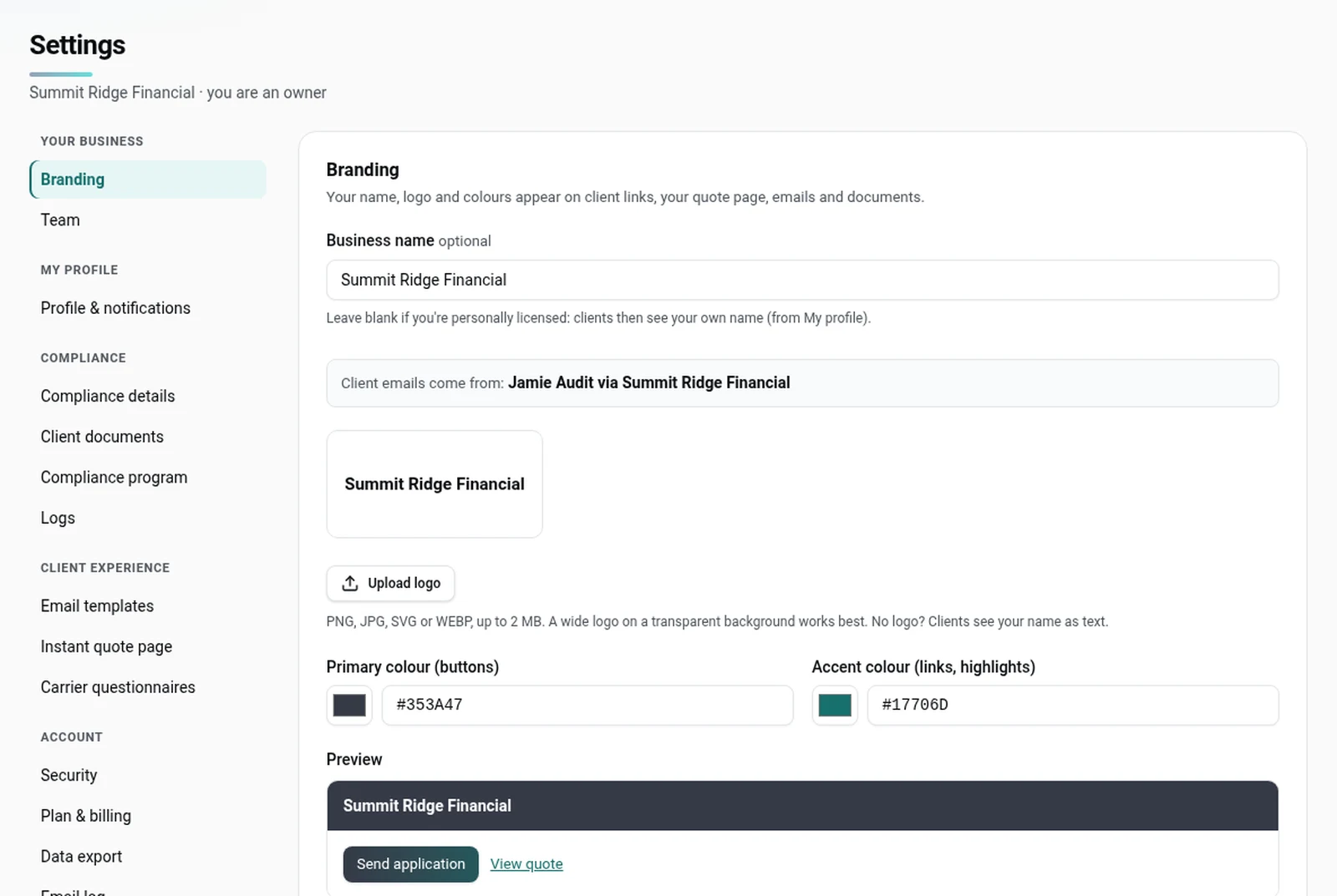 Settings → Branding, business name, logo and colours