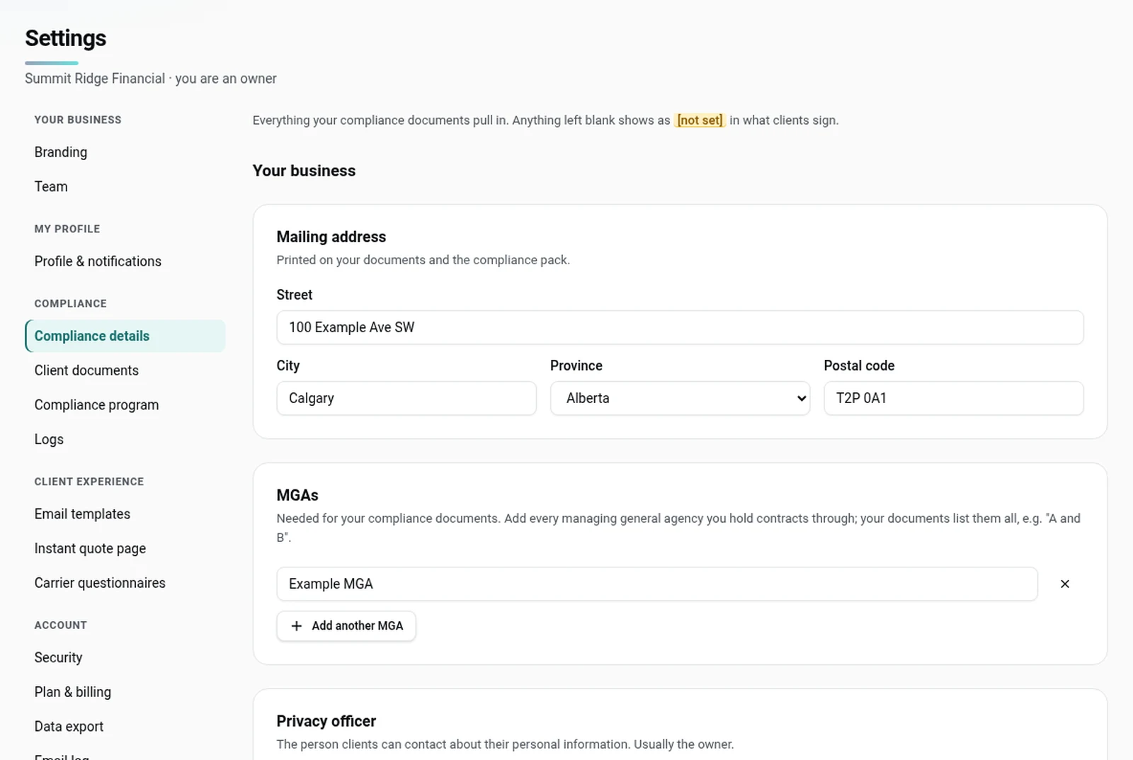Settings → Compliance details, Your business and You sections