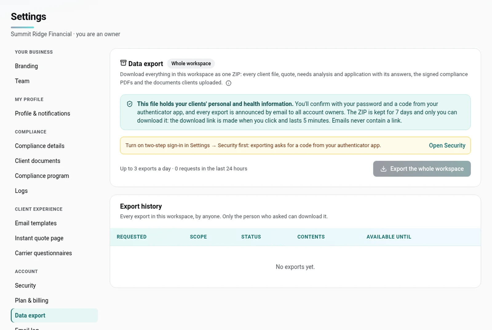 Settings → Data export, Export the whole workspace and the export history