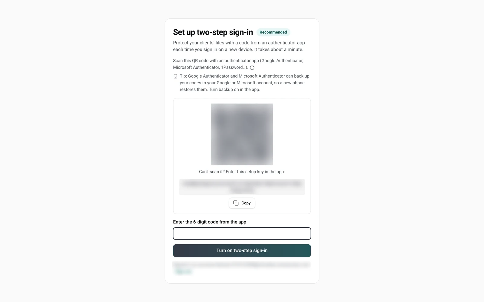 Turn on two-step sign-in screen with the QR code (blurred)