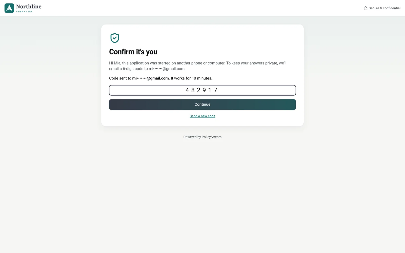 client portal "Confirm it's you" code screen on a computer
