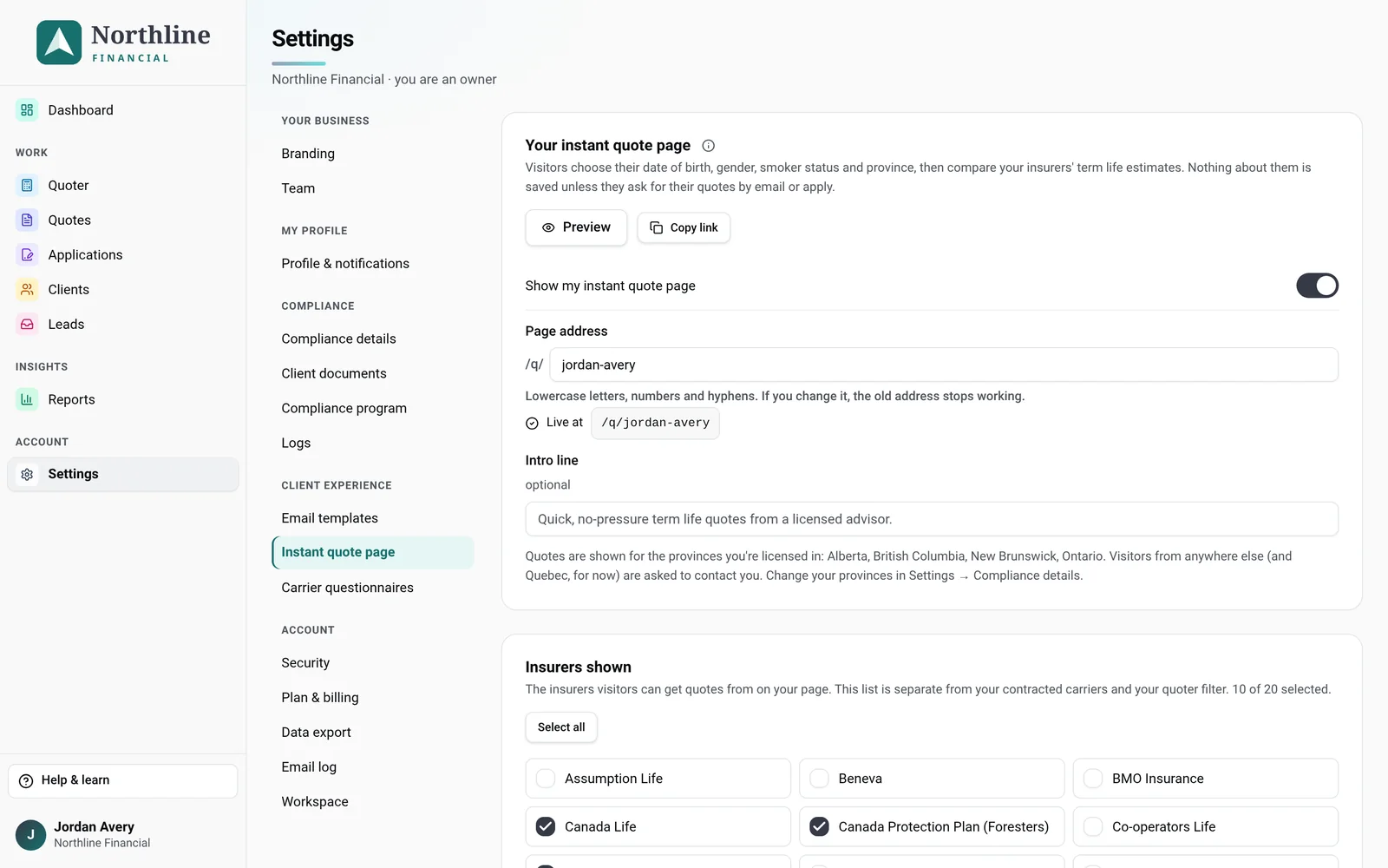 Settings → Instant quote page, page switched on with the Live at address showing