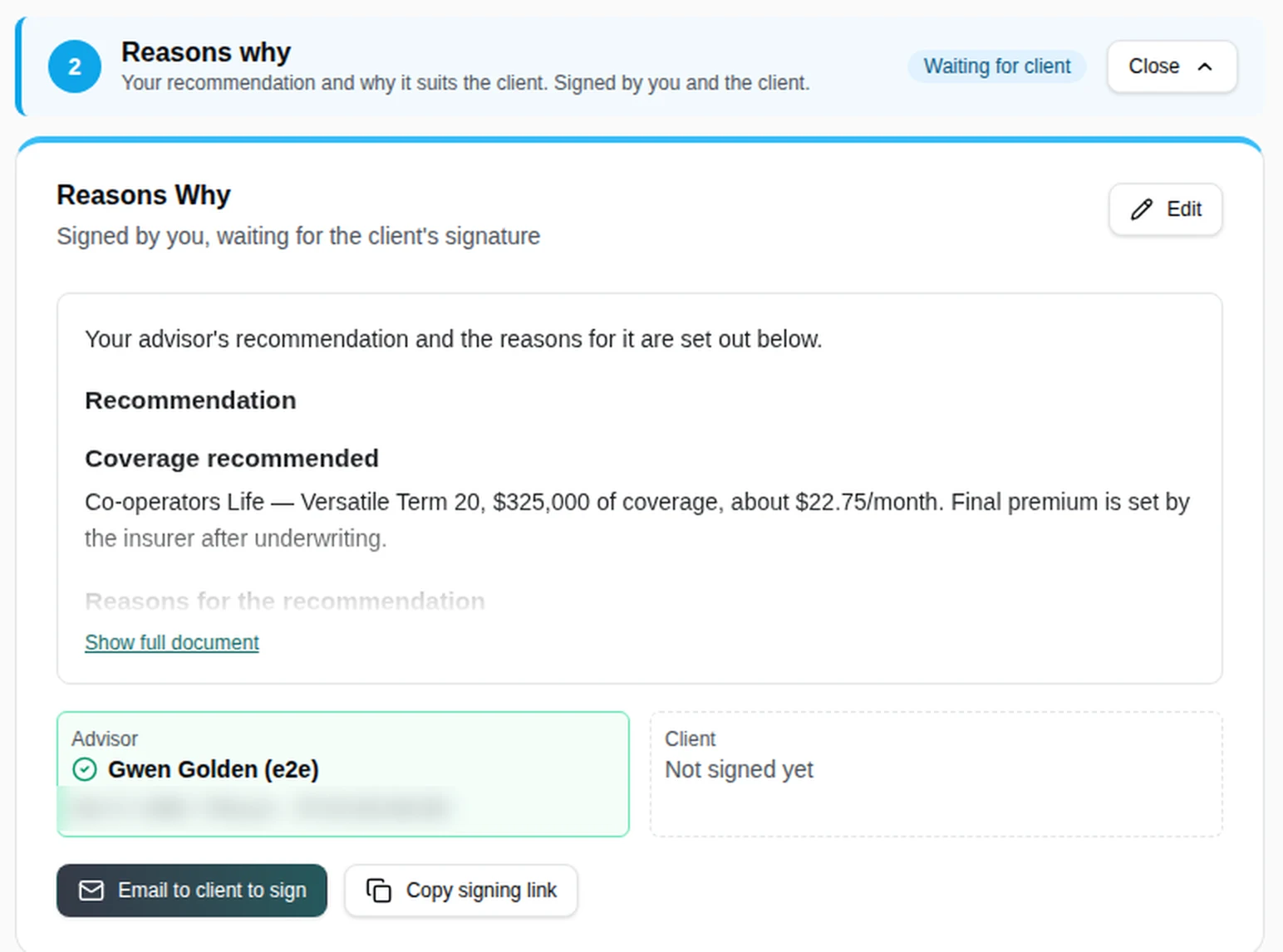application Compliance tab with Reasons why signed by you, Email to client to sign button