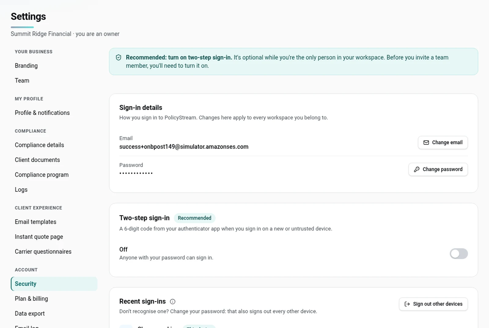 Settings → Security, sign-in details and two-step sign-in