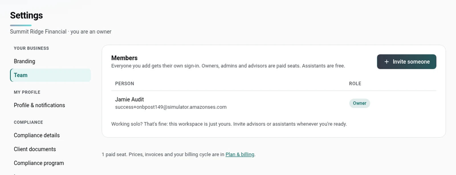 Settings → Team, members list with Invite someone