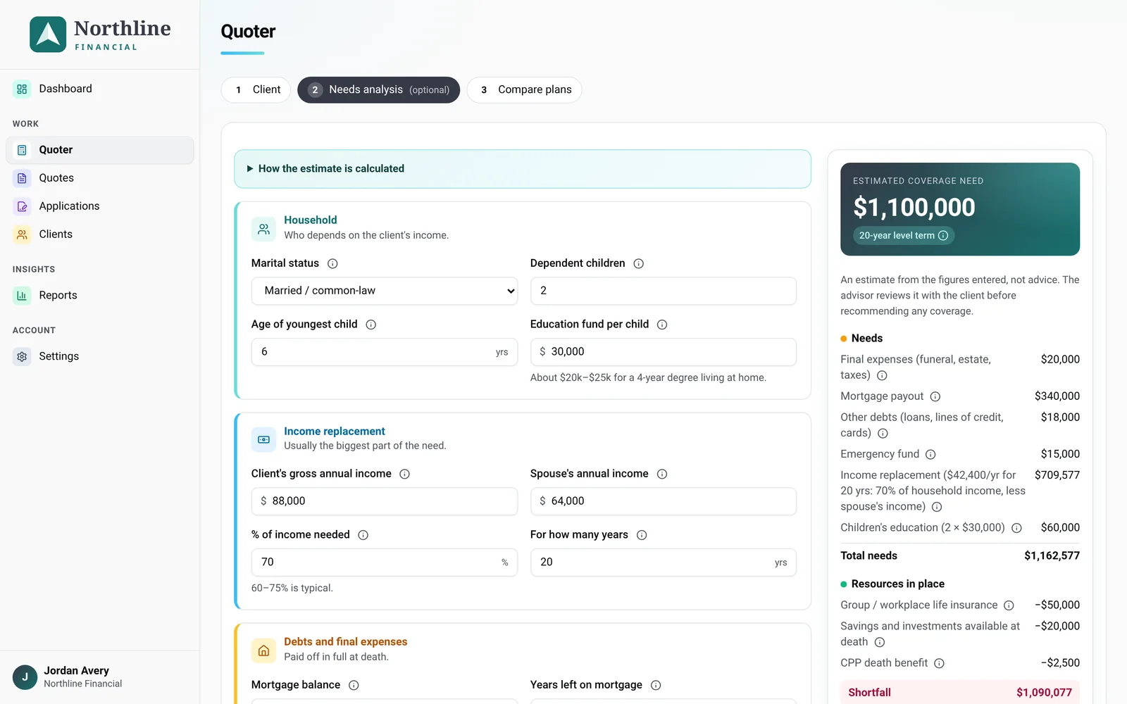 Calculator with figures entered and the Estimated coverage need showing