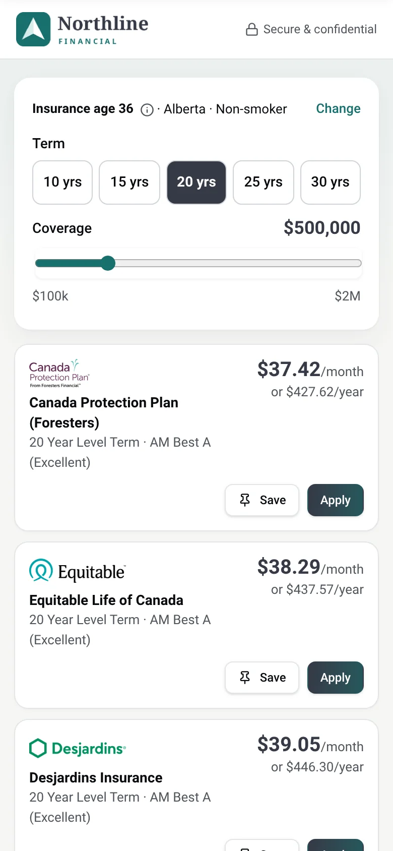 public instant quote page on a phone, quotes showing