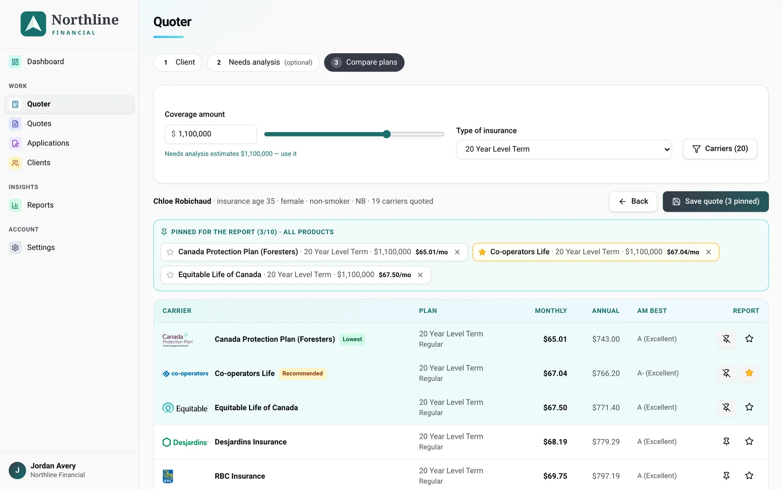 Quoter with a client filled in and rates showing, one option pinned