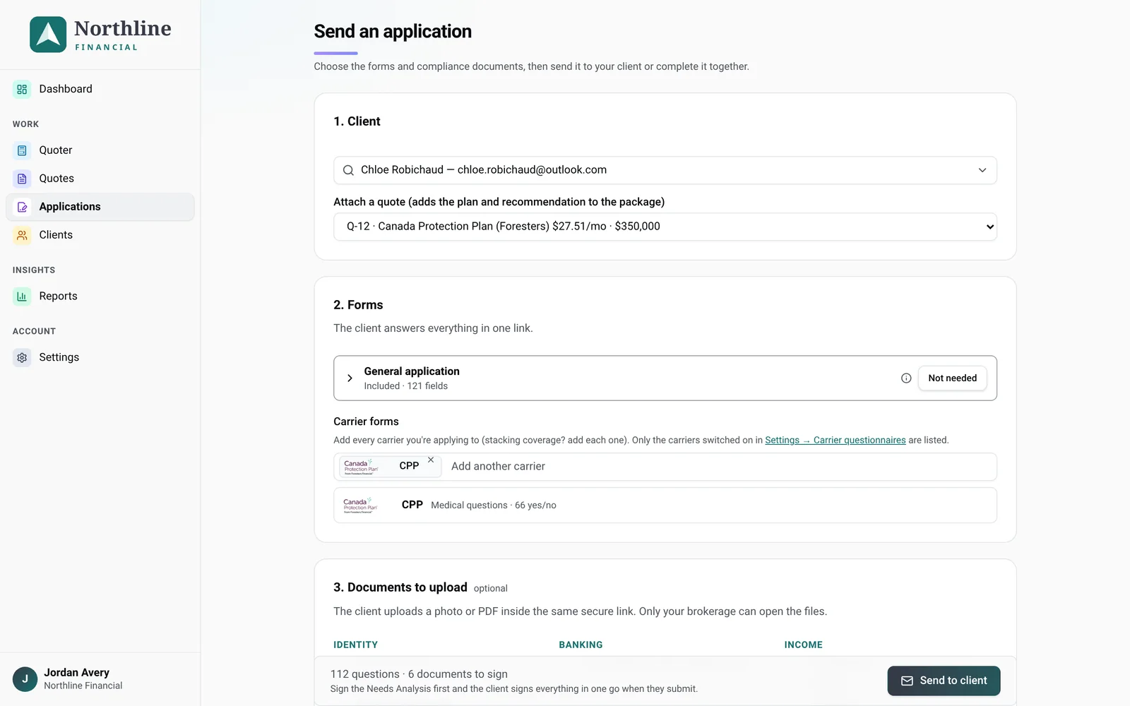 Applications → Send an application, steps 1–5 with one carrier added